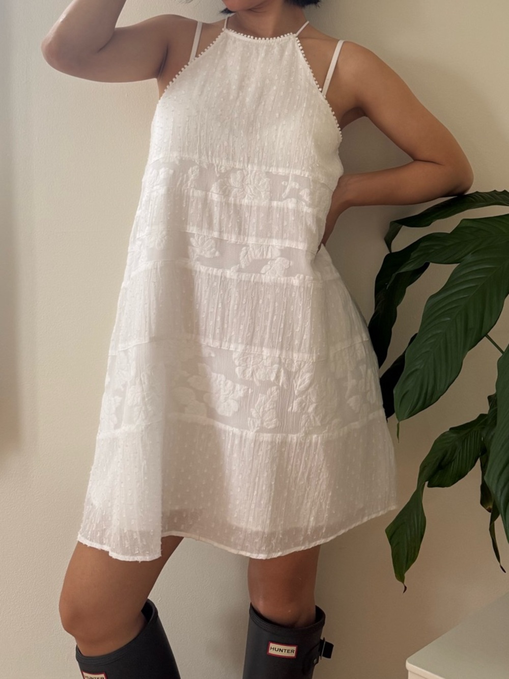 Loft Cottagecore Embroidery Pom Pom Detail Halter Swing White Dress Size XS